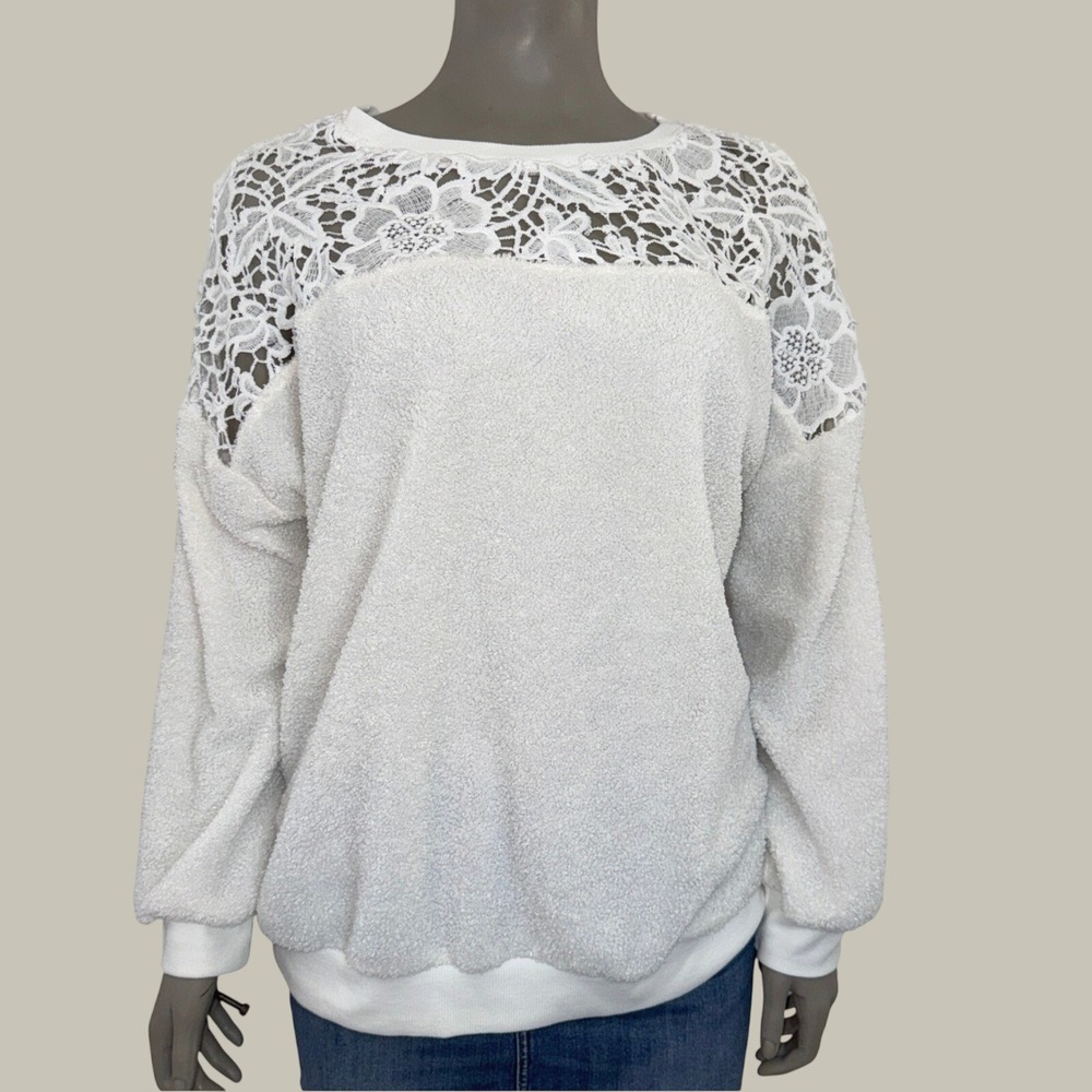 Sheilay Womens White Boucle Fleece Sweatshirt Floral Lace Yoke Pullover XL
